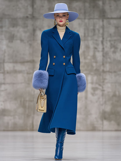 Élégant Manteau Bleu en Laine avec Manches en Velours Chic