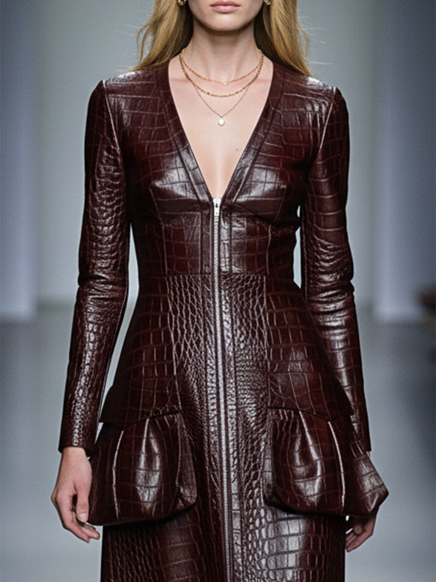 Robe Midi en Cuir PU Croco Rouge Brun avec Décolleté en V et Zip