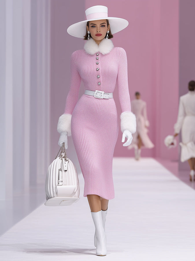 Robe Midi en Fausse Fourrure de Lapin avec Détails Roses et Boutons-Pression Élégants
