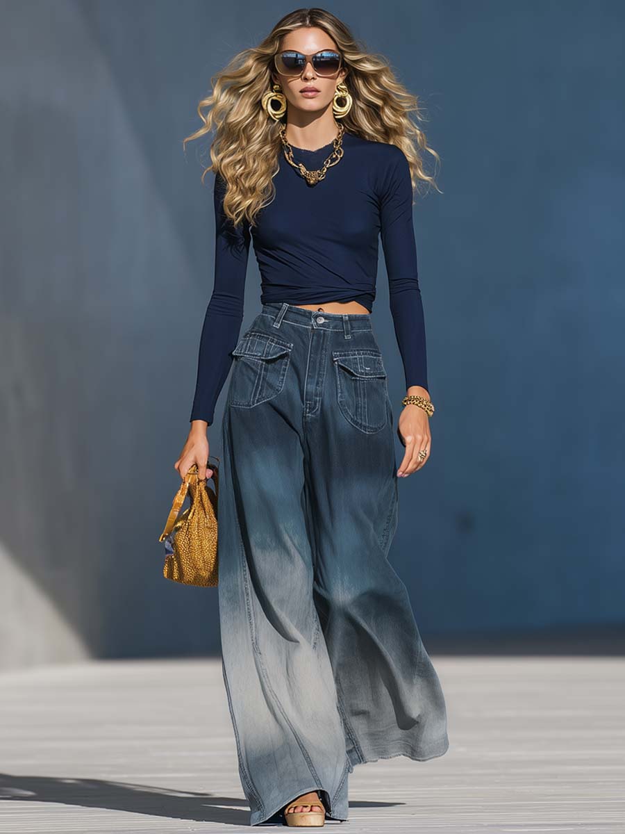 Jean ample délavé dégradé bleu-gris pour un look décontracté