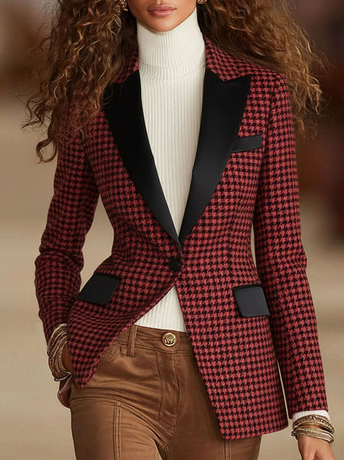 Blazer à carreaux décontracté avec col à revers et bouton unique