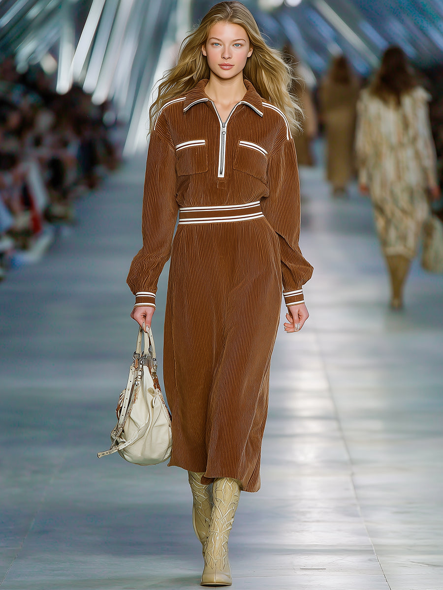 Robe Midi en Velours Côtelé Brun avec Détails Vintage Blanc et Col Rabattu à Zip