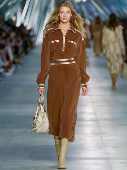 Robe Midi en Velours Côtelé Brun avec Détails Vintage Blanc et Col Rabattu à Zip