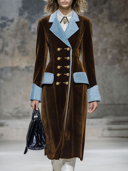 Veste en Velours Chocolat Brun avec Détails Rétro Bleus