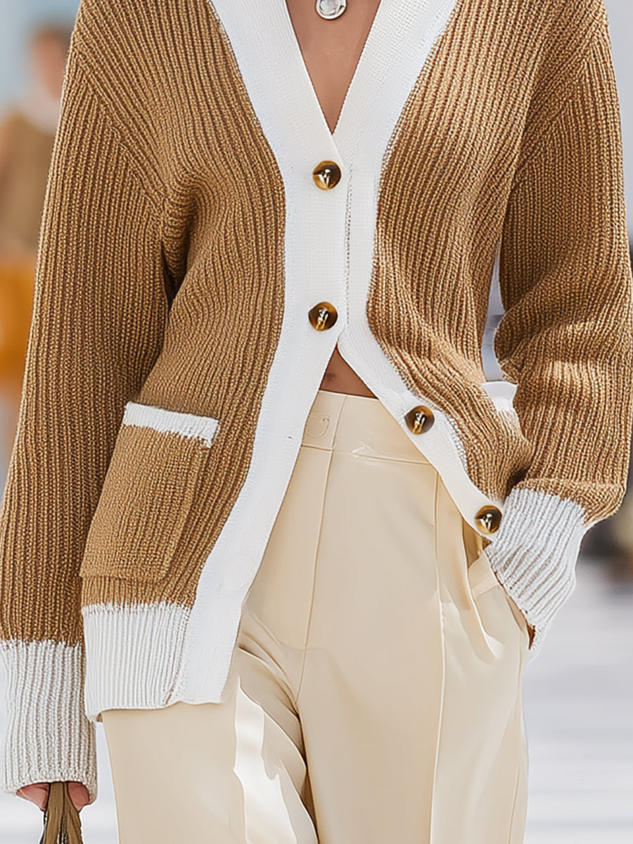 Chic Cardigan Tricoté en Contraste Élégant de Marron et Blanc