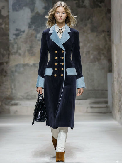 Long Velvet Blue Retro Coat with Navy Cord Trim