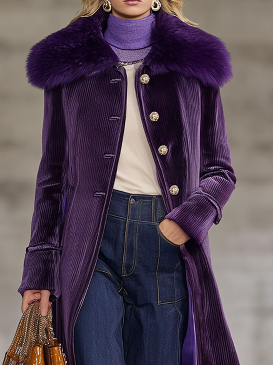 Veste Longue en Velours Côtelé Violet Rétro avec Col en Fourrure Synthétique