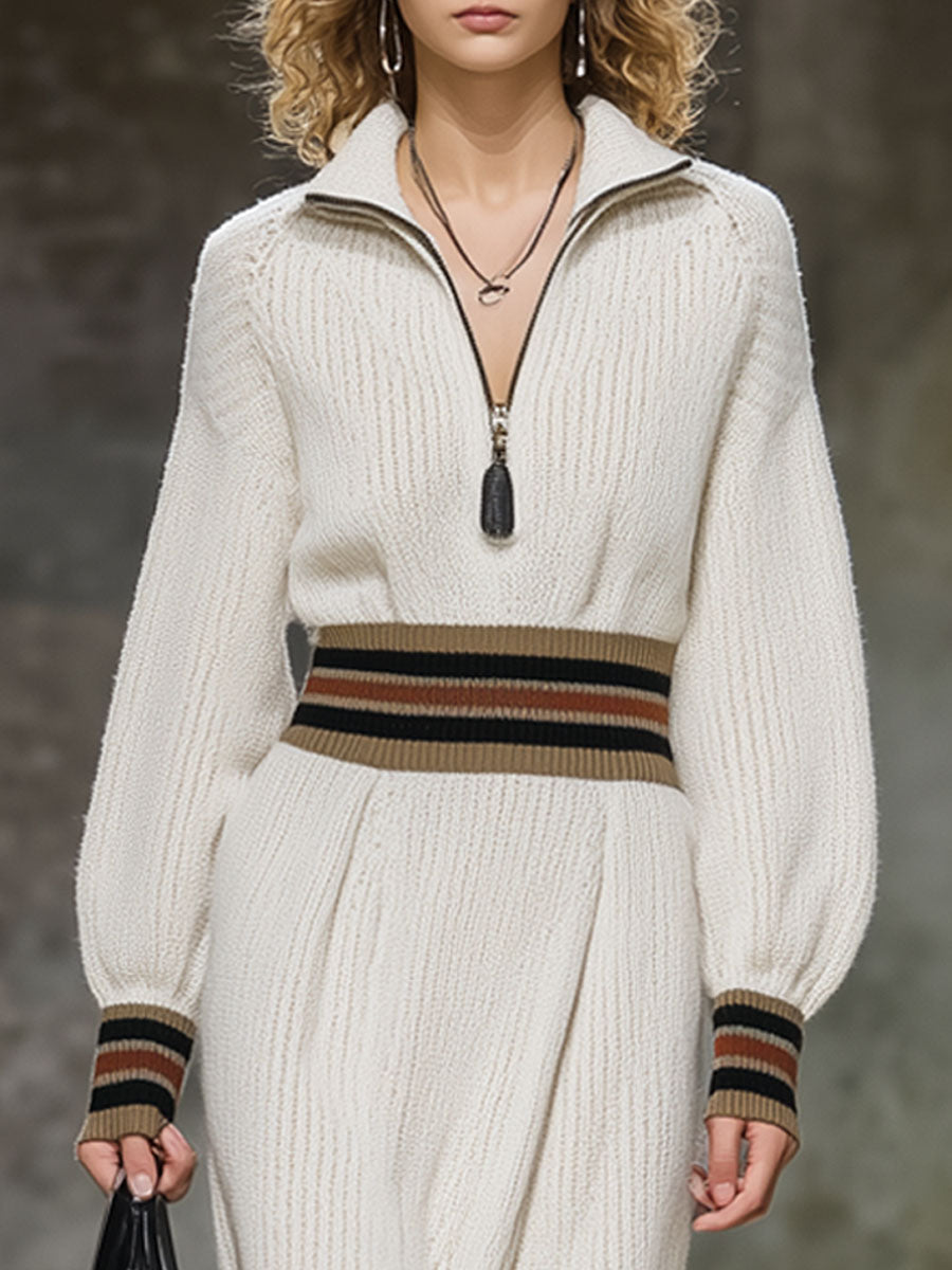 Robe Midi Rétro Striée en Tricot Blanc - Style Décontracté