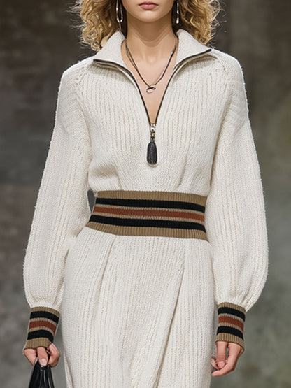 Robe Midi Rétro Striée en Tricot Blanc - Style Décontracté