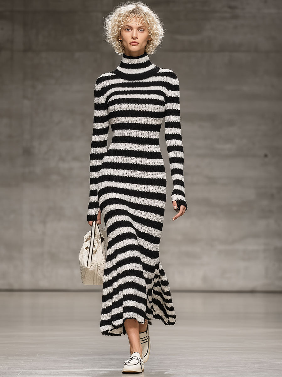 Robe Midi Fishtail Rayée Noir et Blanc avec Col Montant - Élégance Rétro