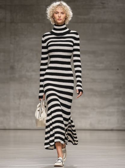Robe Midi Fishtail Rayée Noir et Blanc à Col Montant - Chic Rétro en Tricot