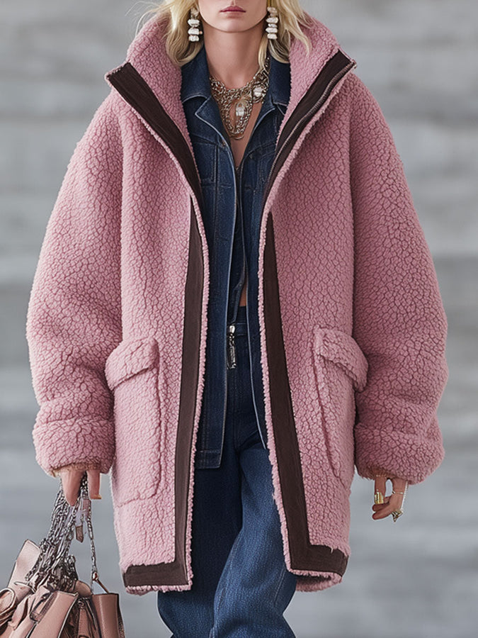 Veste en polaire rose avec finitions en suède synthétique - Élégance rétro au style nomade urbain