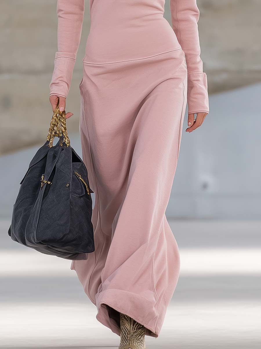 Robe Maxi Élégante Rose Rétro Sportive à Col V avec Fermeture Éclair et Manches Longues