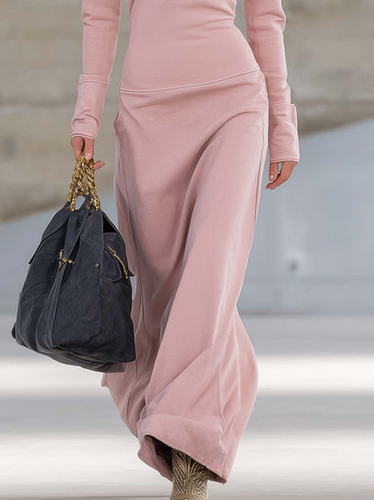 Robe Maxi Élégante Rose Rétro Sportive à Col V avec Fermeture Éclair et Manches Longues