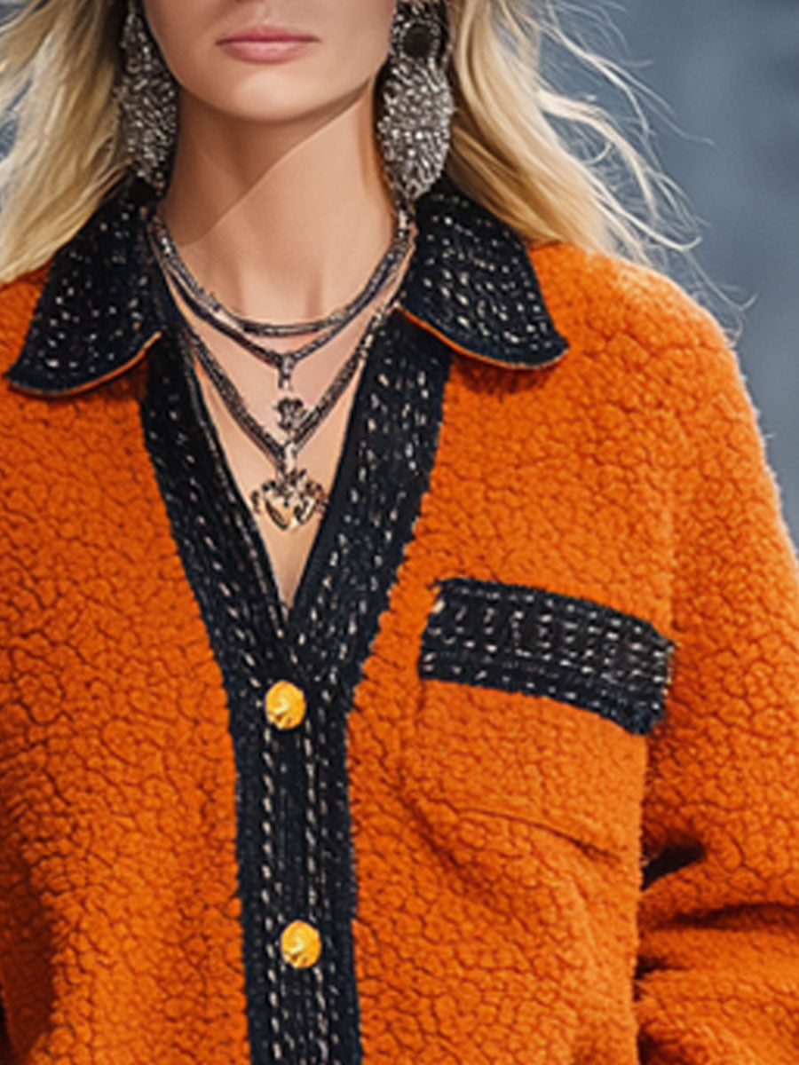 Veste Polaire Orange au Style Nomade Urbain Rétro avec Finitions en Ruban