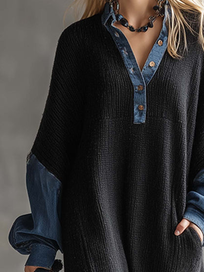 Robe Maxi Noire en Tricot Décontractée avec Accents en Denim