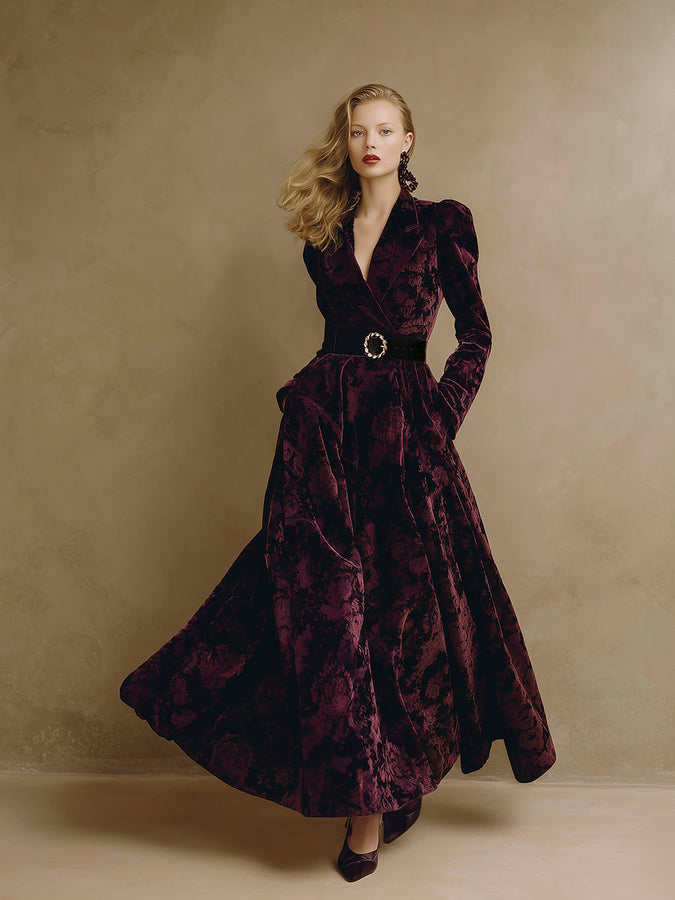 Robe Maxi en Velours Jacquard Bourgogne : Élégance Luxe et Tendance