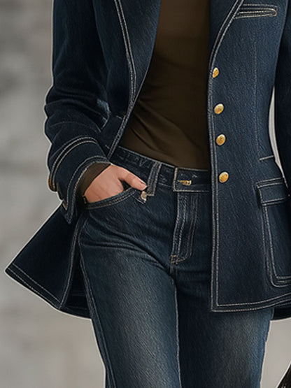 Veste en Jean Bleu Marine au Style Rétro