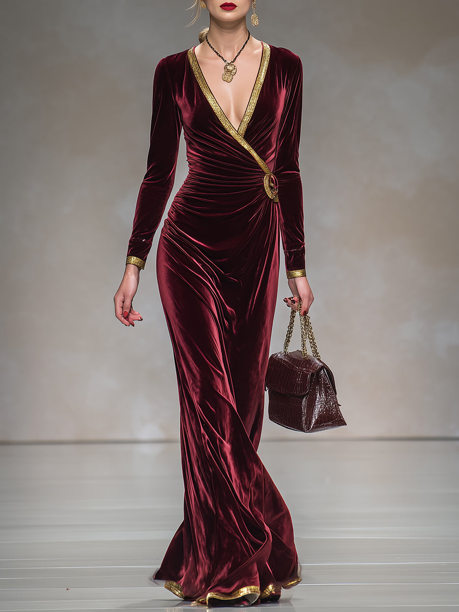 Robe Maxi Velours Bourgogne : Décolleté en V et Finitions Dorées pour une Élégance Éblouissante