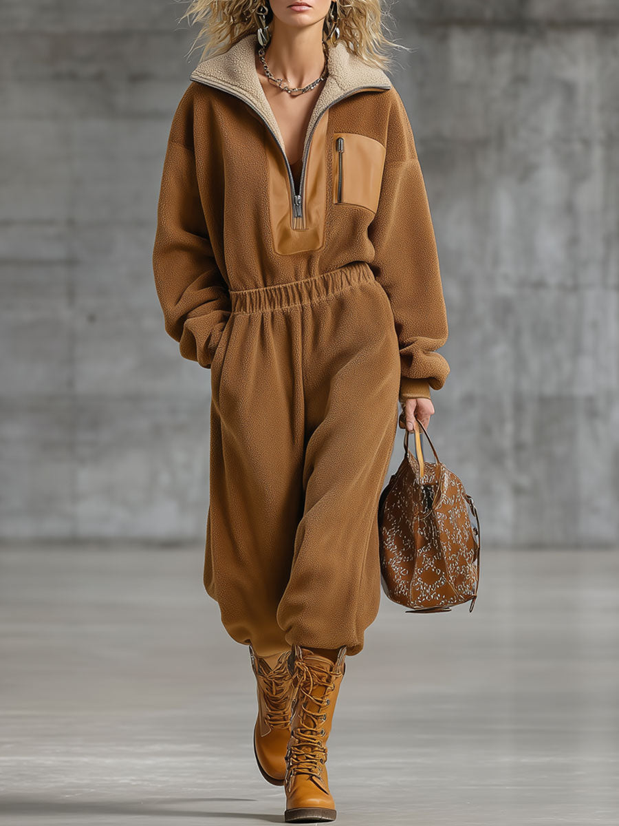 Combinaison Zippée en Polaire Rétro Camel - Style Décontracté et Confort Optimal