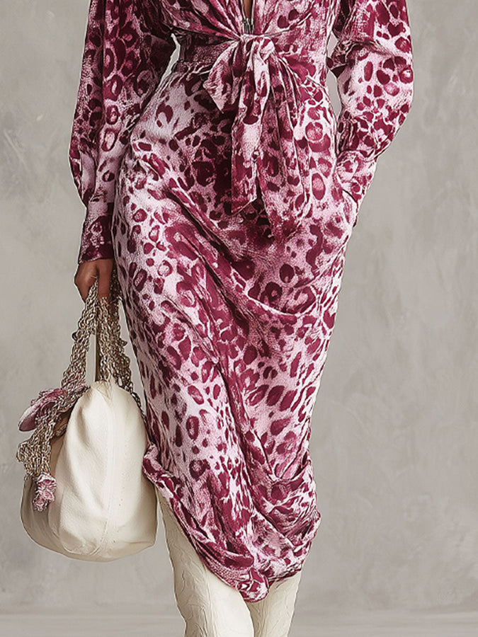 Robe Midi en Velours Imprimé Léopard avec Fermeture Éclair Mi-Longue