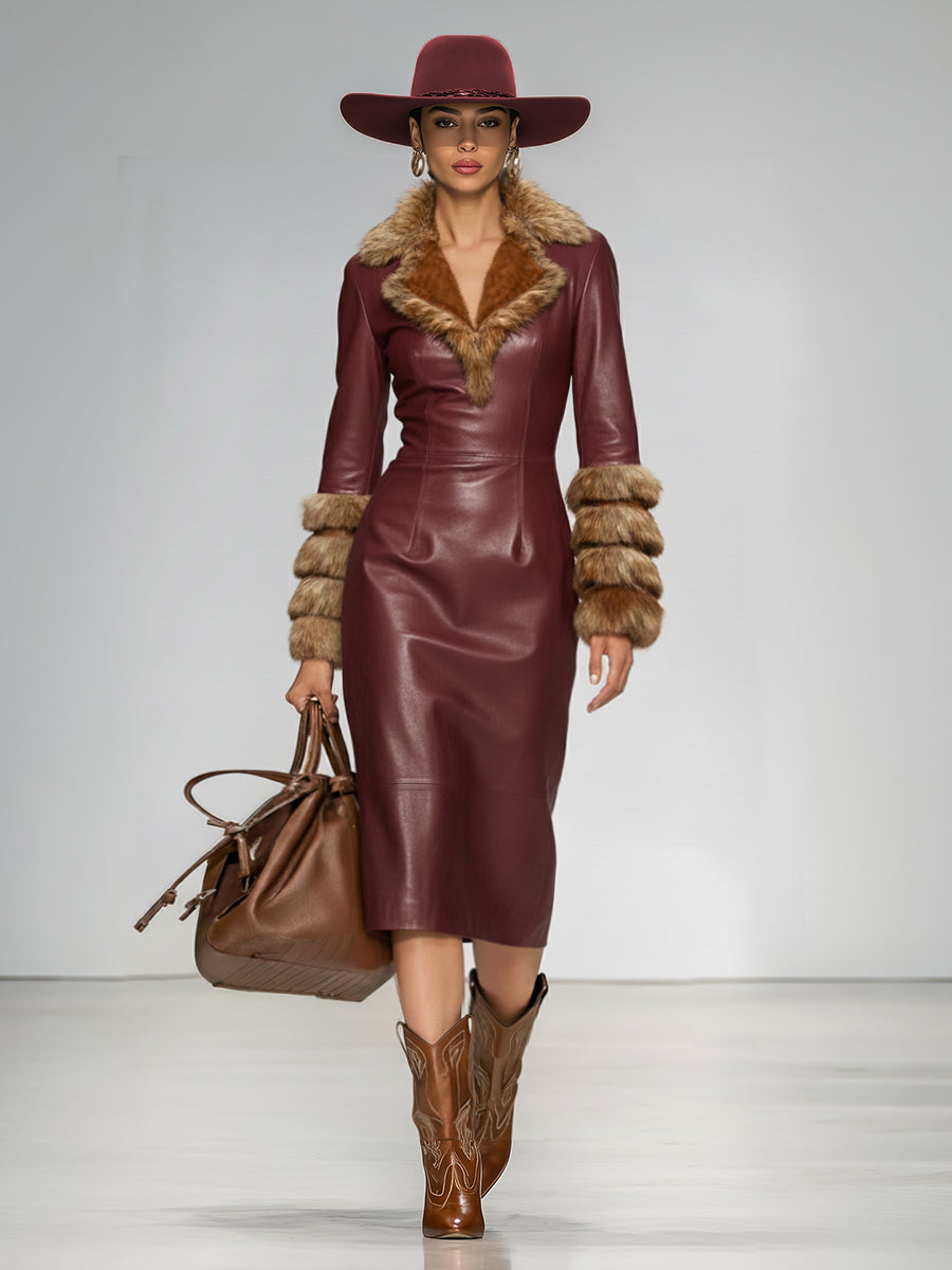 Robe Midi Chic en Simili Cuir avec Col en Fausse Fourrure - Élégance Urbaine Rétro