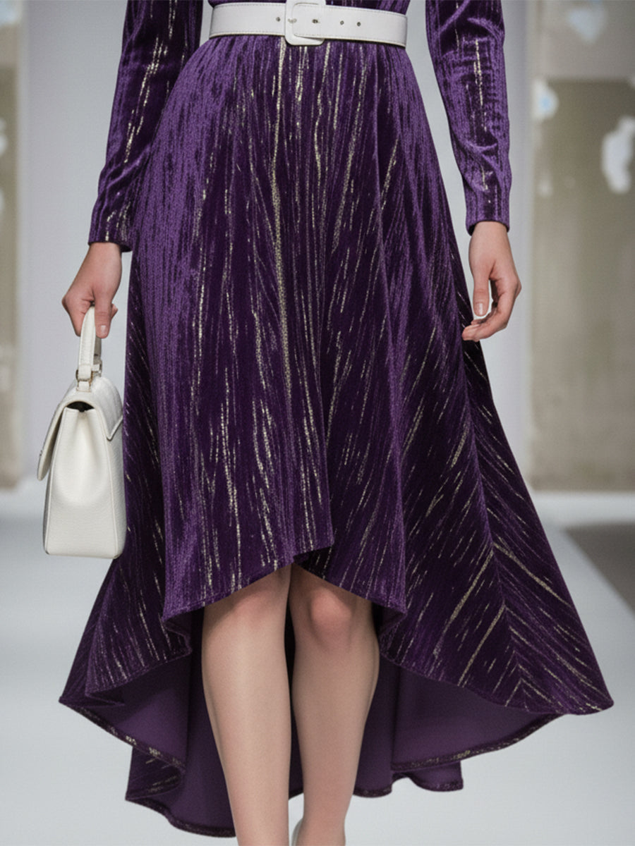 Robe Midi en Velours Violet Luxe à Col Rond - Jupe Longue et Courte avec Estampage Élégant