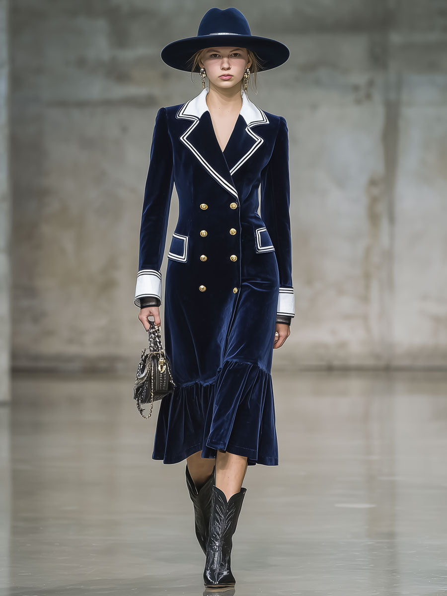 Robe Midi en Velours Marine à Volants avec Détails Blancs - Élégance Rétro Décontractée