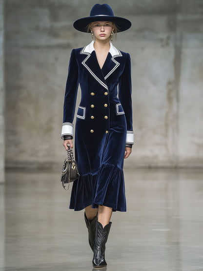 Robe Midi en Velours Marine à Volants avec Détails Blancs - Élégance Rétro Décontractée