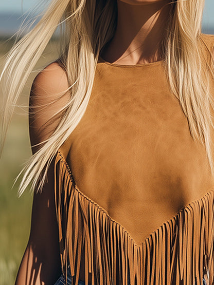 Veste Sans Manches en Daim Caramel Vintage avec Franges - Expédition Rapide en 24 Heures