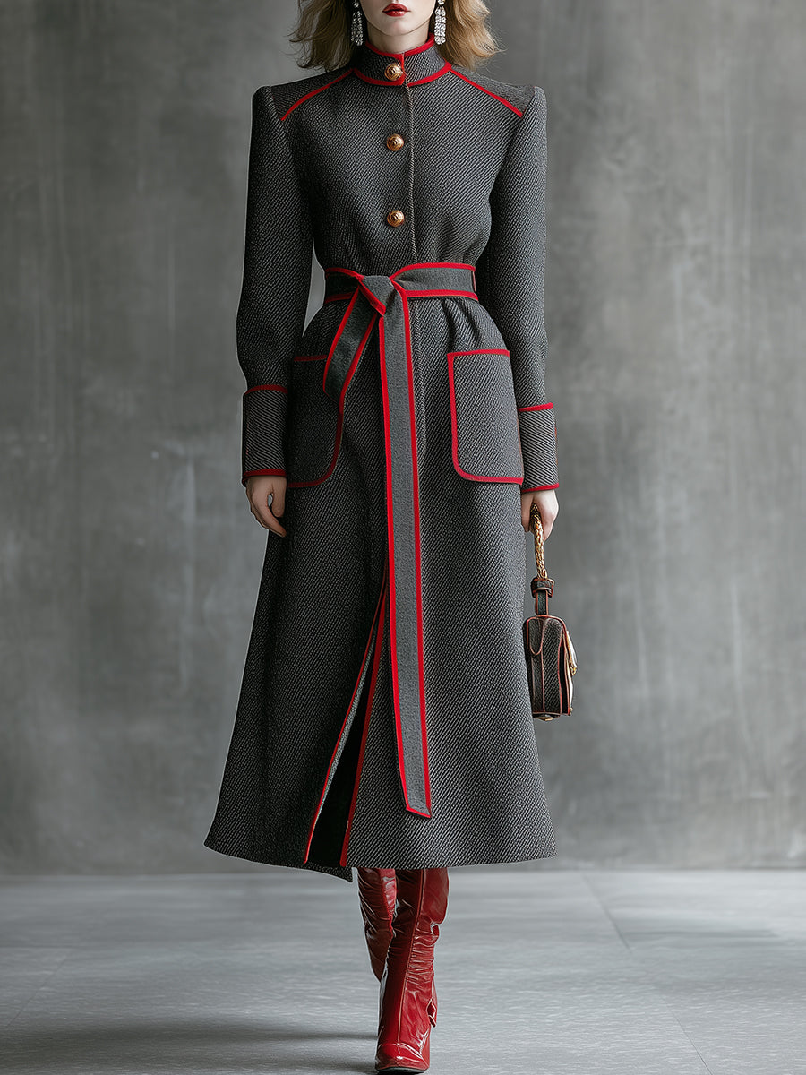 Veste en Laine Twill Gris Élégante avec Col Montant et Détails Rouges