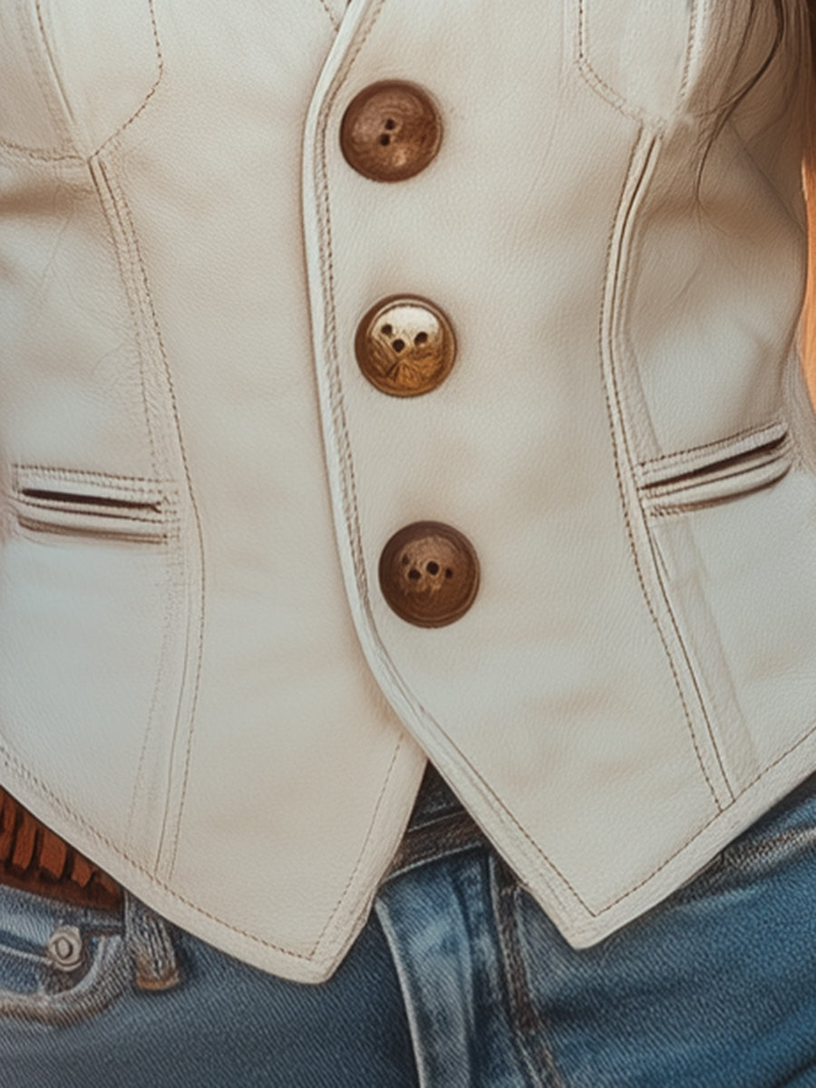 Veste en Suède Blanche Premium avec Boutons Dorés - Expédition Rapide en 24 Heures