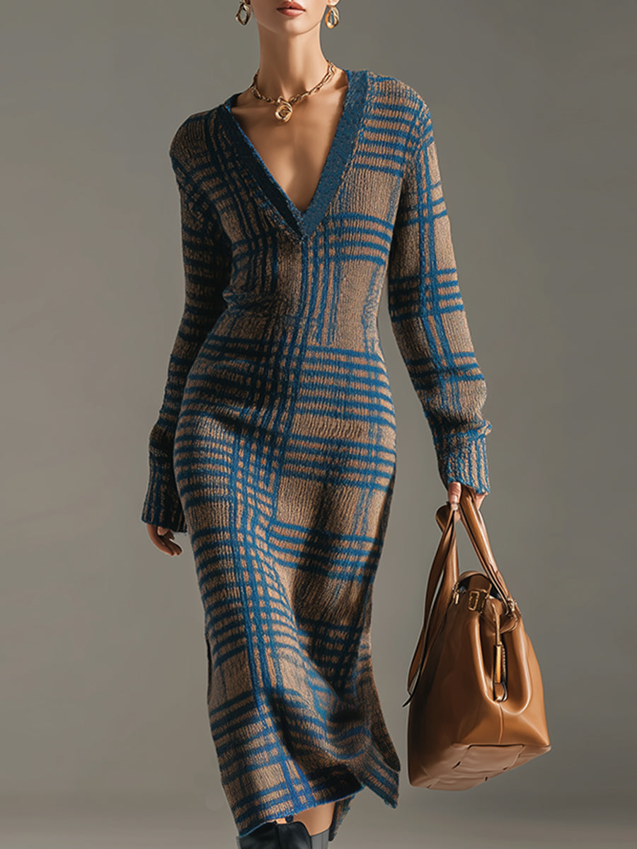 Robe Midi Tricotée à Col V à Carreaux Bleu Khaki - Élégance Rétro