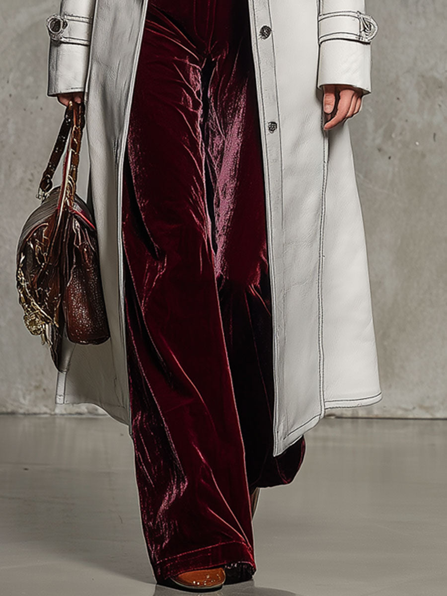 Veste Longue en Simili Cuir Blanc avec Col en Fourrure Vintage Chic