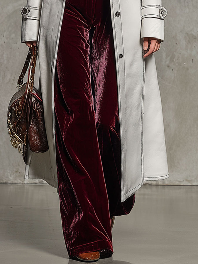 Veste Longue en Simili Cuir Blanc avec Col en Fourrure Vintage Chic
