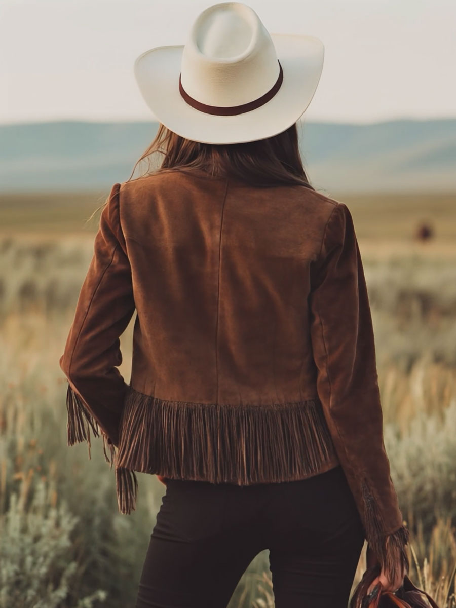 Veste en suède marron à zip, style western avec franges