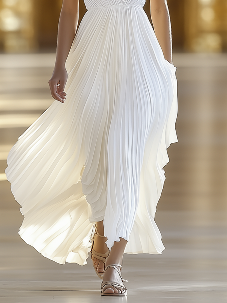 Robe Maxi Plissée en Chiffon Premium avec Col V - Expédition Rapide en 24 Heures