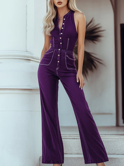 【Expédition en 24h】Combinaison sans manches en denim violet vintage chic