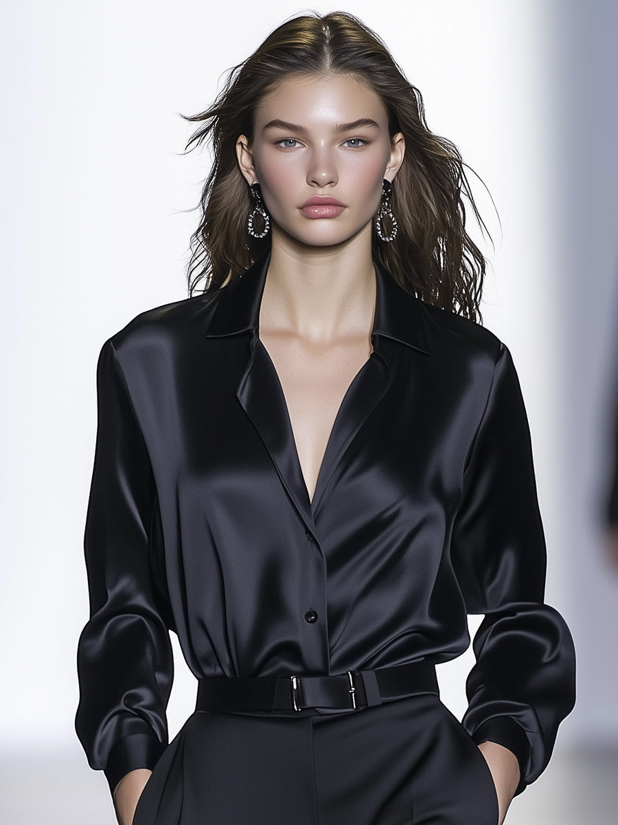 Chemise Longue en Satin Noir - Élégance Haut de Gamme