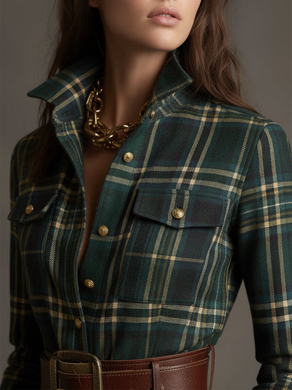 Robe Maxi Rétro à Carreaux Marron Rouge avec Col Ethnique