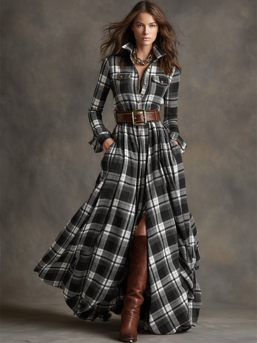 Robe Maxi Ethnique Rétro à Motifs Carreaux Marron et Rouge