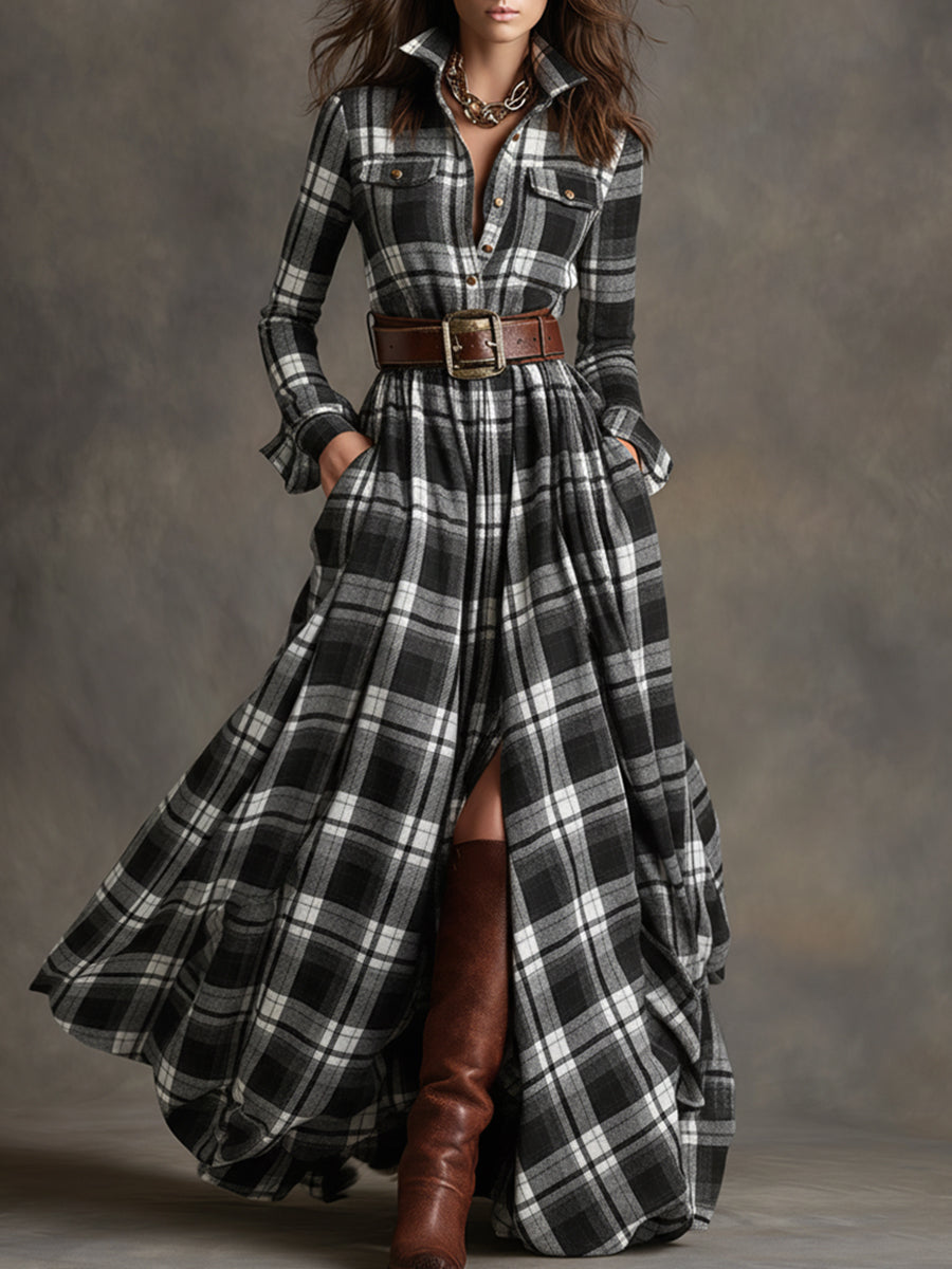 Robe Maxi Ethnique Rétro à Motifs Carreaux Marron et Rouge