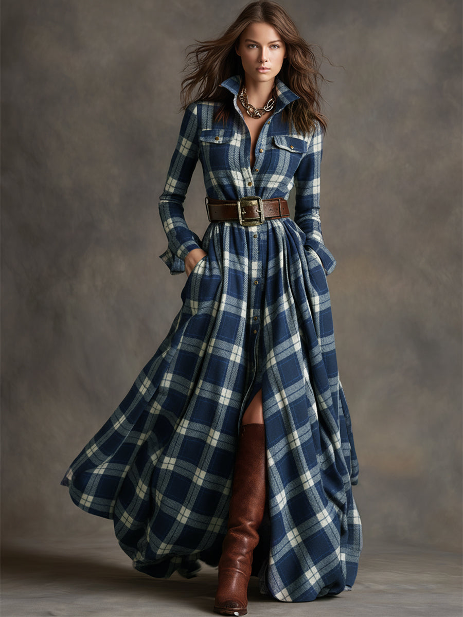 Robe Maxi Ethnique Rétro à Motifs Carreaux Marron et Rouge