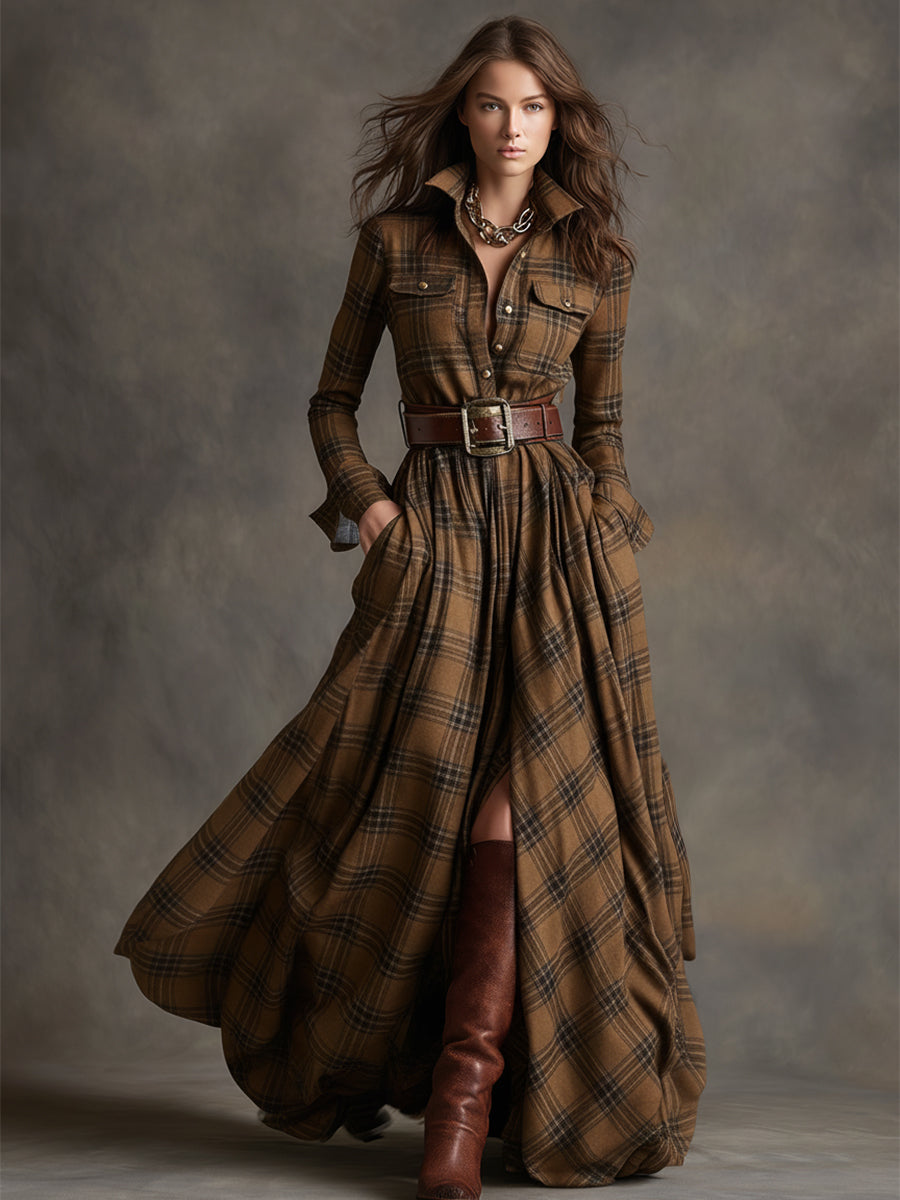 Robe Maxi Ethnique Rétro à Motifs Carreaux Marron et Rouge