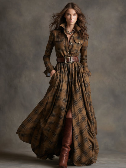 Robe Maxi Ethnique Rétro à Motifs Carreaux Marron et Rouge