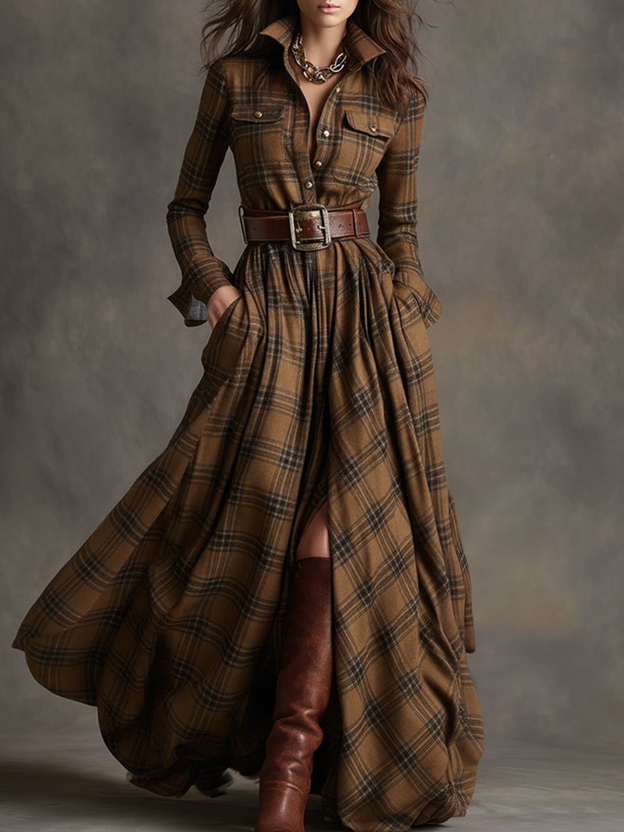 Robe Maxi Ethnique Rétro à Motifs Carreaux Marron et Rouge
