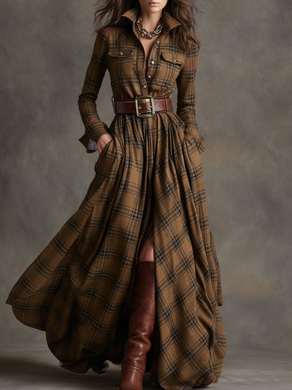 Robe Maxi Ethnique Rétro à Motifs Carreaux Marron et Rouge