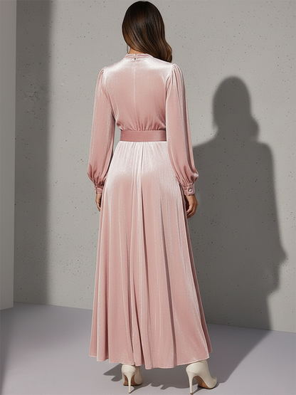 Robe Maxi en Velours Chic Rétro avec Col Ronde et Manches Longues