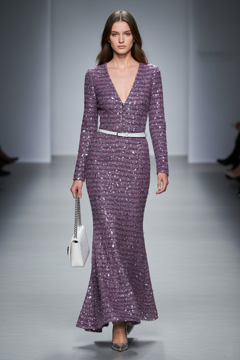 Robe Maxi Fishtail Violet en Tweed avec Sequins et Décolleté en V Élégant