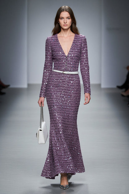 Robe Maxi Fishtail Violet en Tweed avec Sequins et Décolleté en V Élégant
